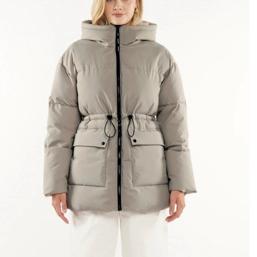 Puffit Taupe Grey Mid-Length Puffer Jacket Hooded Drawstring Waist Coat Small